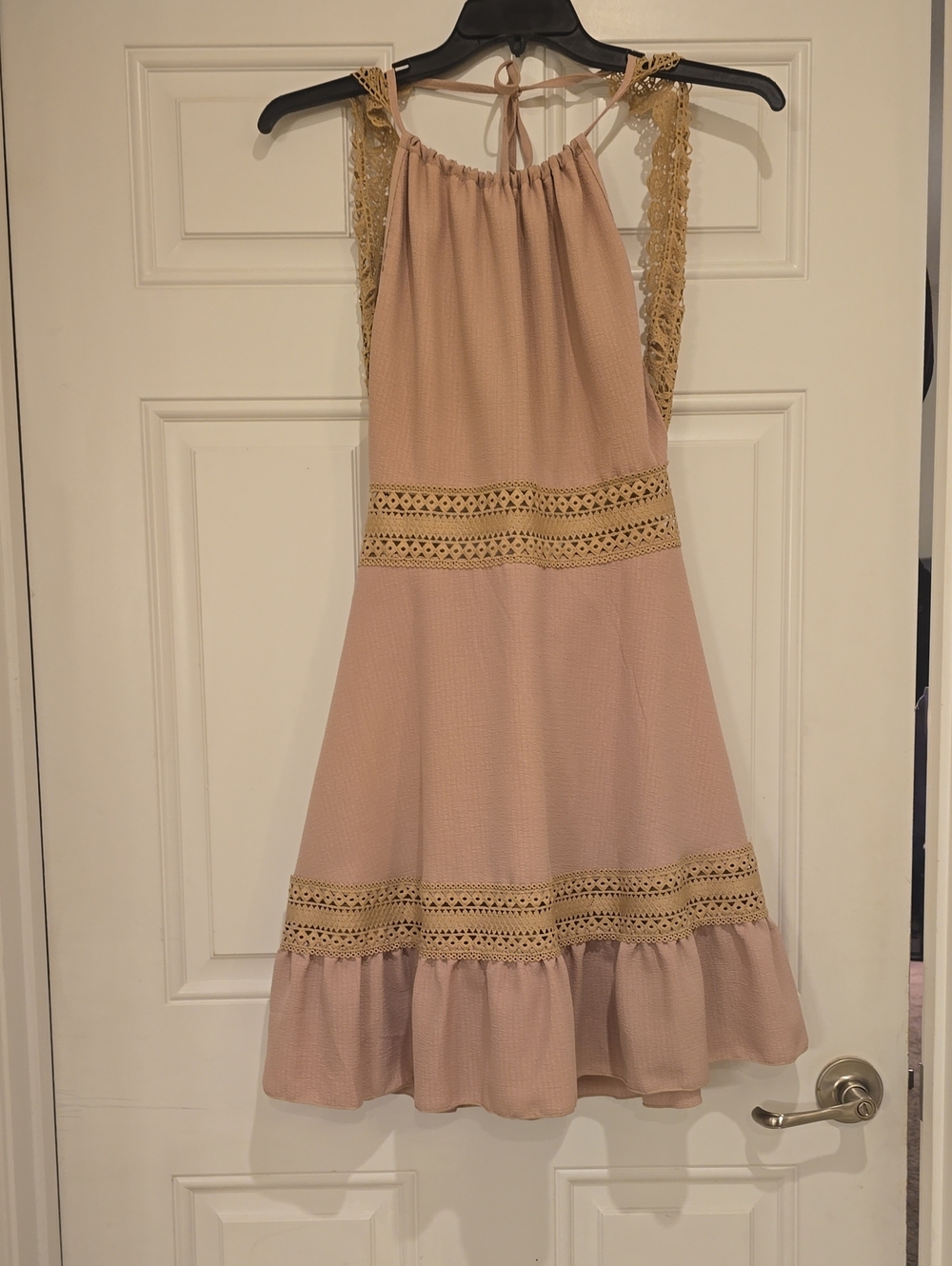 SHEIN Blush Pink Backless Halter Dress with Gold Lace Trim